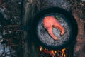 A piece of salmon in a pan over a fire. Cooking in nature. Grilled fish Royalty Free Stock Photo