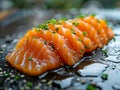 A piece of salmon is sliced and garnished with parsley