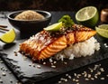 Piece of salmon in teriyaki sauce, with rice and lime, Asian cuisine