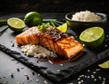 Piece of salmon in teriyaki sauce, with rice and lime, Asian cuisine