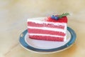 Piece of sliced red velvet cake in ceramic plate on marble table