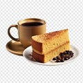 A piece of sponge cake with cup of coffee isolated on transparent background Royalty Free Stock Photo