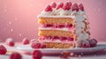 Piece of sponge cake with whipped cream, decorated with raspberries and powdered sugar on white plate on pink background, treat