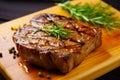 Piece of steak on cutting board with sprig of rosemary. Generative AI Royalty Free Stock Photo