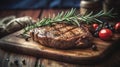 a piece of steak on a cutting board with a sprig of rosemary on top of it and cherry tomatoes around it on a wooden table Royalty Free Stock Photo