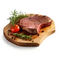 Photo of a delicious steak with a savory tomato and fragrant rosemary on a wooden cutting board Royalty Free Stock Photo