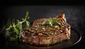 a piece of steak on a plate with a sprig of herbs.