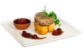 Piece of steak with potato and cherry jam Royalty Free Stock Photo