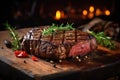 a piece of steak with spices on a wooden surface