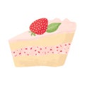 Piece of strawberry cake with whipped cream and strawberry birthday tasty bake. Vector flat cartoons illustration of tasty dessert