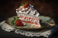piece of strawberry meringue cake on round plate Royalty Free Stock Photo