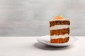 Piece of sweet carrot cake with delicious cream on white wooden table against light background Royalty Free Stock Photo