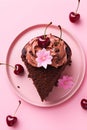 Piece of sweet chocolate cake with cream and decorated with fresh cherry on pink background Royalty Free Stock Photo