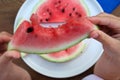 A piece of sweet pink watermelon in children`s hands on the background of a tray with a watermelon, close-up