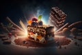 Piece of tasty cake with fruits and chocolate chips on dark background