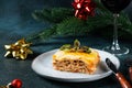 Piece of tasty hot lasagna on light background. Traditional italian lasagna. Italian food. Close up lasagna. Lasagna