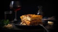 Piece of tasty hot lasagna with red wine. Traditional italian lasagna. Italian food. Food on black plate. Generative ai Royalty Free Stock Photo