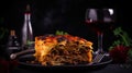 Piece of tasty hot lasagna with red wine. Small depth of field. Traditional italian lasagna. Italian food. Generative ai