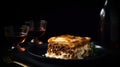 Piece of tasty hot lasagna with red wine. Small depth of field. Traditional italian lasagna. Generative ai Royalty Free Stock Photo