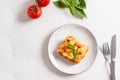 Piece of tasty hot lasagna served with a basil leaf on a gray plate. Italian cuisine, menu, recipe. Homemade meat lasagna. Copy Royalty Free Stock Photo