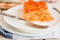 Piece of tasty hot lasagna served with on a white plate. Italian cuisine, menu, recipe. Homemade meat lasagna. Close up Royalty Free Stock Photo