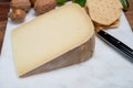 Piece of tasty Ossau-Iraty or Esquirrou sheep cheese produced in south-western France, Northern Basque Country