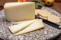 Piece of tasty Ossau-Iraty or Esquirrou sheep cheese produced in south-western France, Northern Basque Country