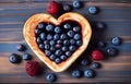 piece of toast bread inside of it cut heart filled with blueberry jam on plate and coffee cup on white wooden table top view Royalty Free Stock Photo
