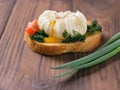 A piece of toasted bread with a poached egg on a wooden table. Royalty Free Stock Photo