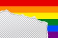 Piece of torn, ripped colorful paper with Rainbow flag LGBT and soft shadow is on squared, transparent background for