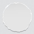 Piece of torn white circle note, notebook paper with soft shadow stuck on squared background. Vector illustration