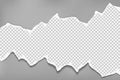 Piece of torn, white squared realistic horizontal paper strip with soft shadow is on dark grey background. Vector Royalty Free Stock Photo
