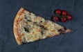 A piece of traditional pizza decorated with a branch of cherry tomatoes on a gray stone background Royalty Free Stock Photo