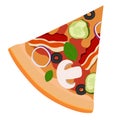 A piece of triangular-shaped pizza with mushrooms, bacon and gherkins. Vector illustration. A concept for stickers Royalty Free Stock Photo