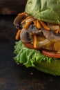 Piece of veggie burger. lettuce, the cutlet vegetarian meat alternatives mushrooms with fried onions and carrots. rusty baking Royalty Free Stock Photo