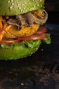 Piece of veggie burger. wooden background. copyspace. Vertical orientation. close up Royalty Free Stock Photo