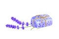 Piece of violet lavender wrapped soap and lavender flowers. Hand drawn watercolor illustration. Isolated on white