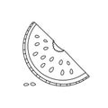 A piece of watermelon line style icon with a bite released on a white background. Vector coloring illustration. Royalty Free Stock Photo