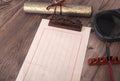 A piece of writing paper and brush inkstone and scroll calligraphy work pressed by a ruler Royalty Free Stock Photo