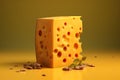 Piece of yellow cheese with green leaves and various seeds. Ai-generated.