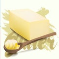 A piece of yellow milk butter with rolled slice on wooden spoon. Royalty Free Stock Photo