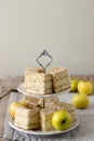 Pieces of apple cake and apples on a wooden table. Rustic style. Royalty Free Stock Photo