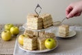 Pieces of apple cake and apples on a wooden table. Rustic style. Royalty Free Stock Photo