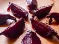 Pieces of baked caramelized beetroot on a plate