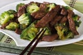 Pieces of beef with broccoli close-up and chopsticks. Horizontal