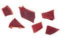 Pieces of beef jerky meat isolated on white background, top view Royalty Free Stock Photo