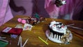 Pieces of Birthday cakes holding on Wooden cake. Picture shot after a birthday party