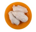 Pieces of boiled chicken breast in plate isolated on white Royalty Free Stock Photo