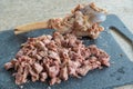 sliced boiled lamb meat with bone on a Board Royalty Free Stock Photo