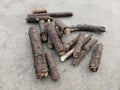 pieces of branch, Branches pile isolated. Dry twigs pile ready for campfire, sticks, boughs heap for a fire, dry thin branches, Royalty Free Stock Photo